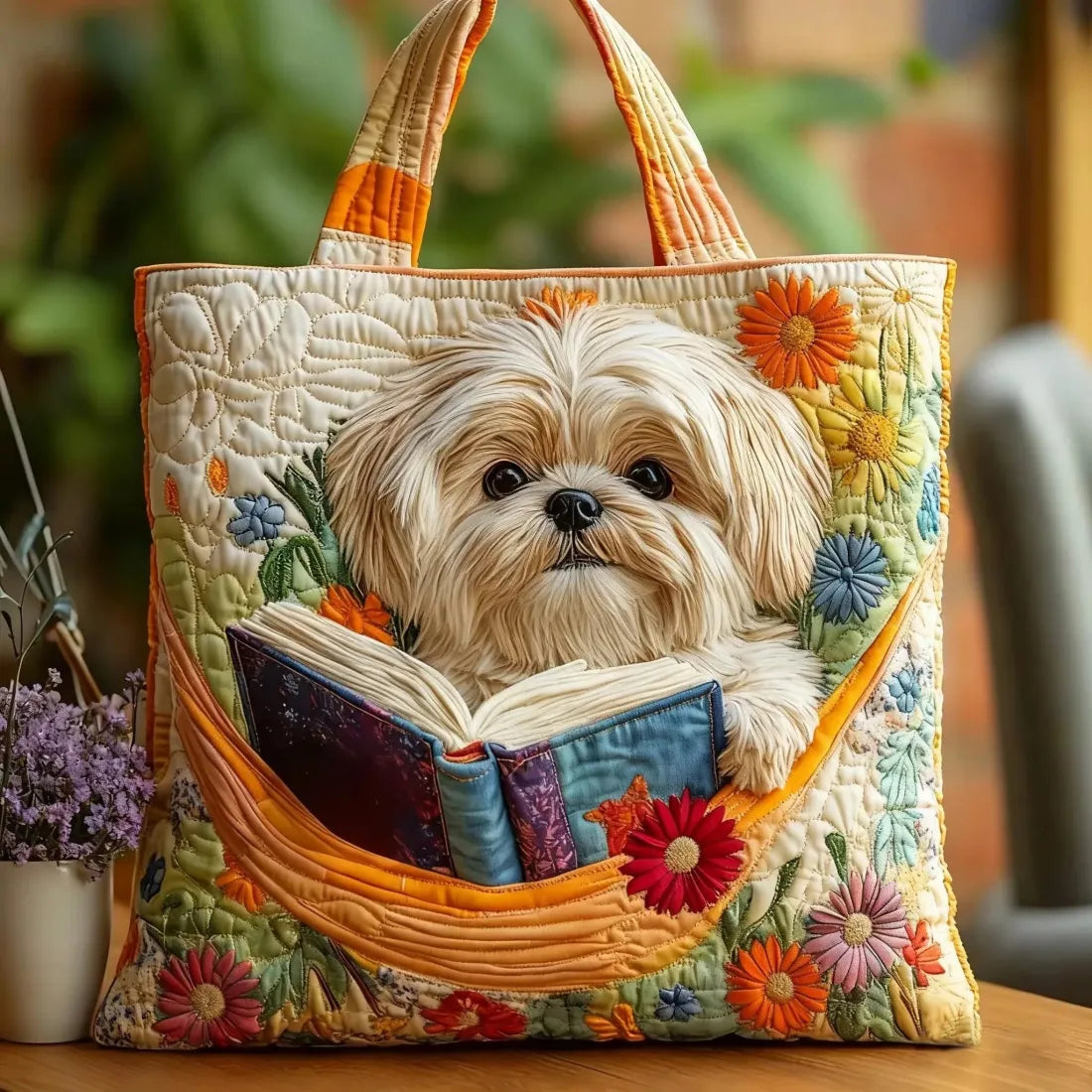Mía - Bolso artesanal con shih Tzu con libros y flores