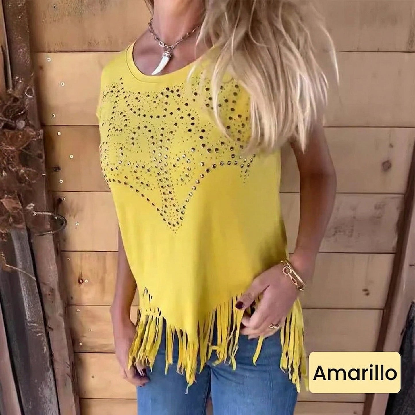 Gloria - Camiseta con detalle brillante y flecos