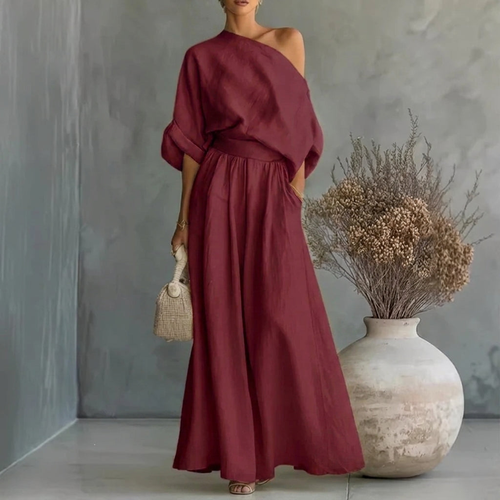 Lía - Conjunto de top de escote palabra de honor y pantalón de pernera amplia