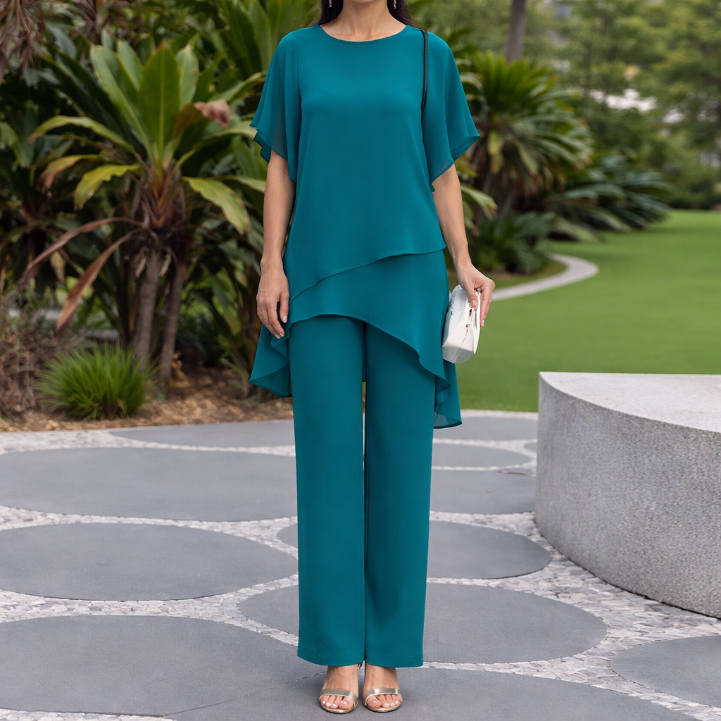 Vega - Conjunto elegante con top asimétrico y pantalón ancho