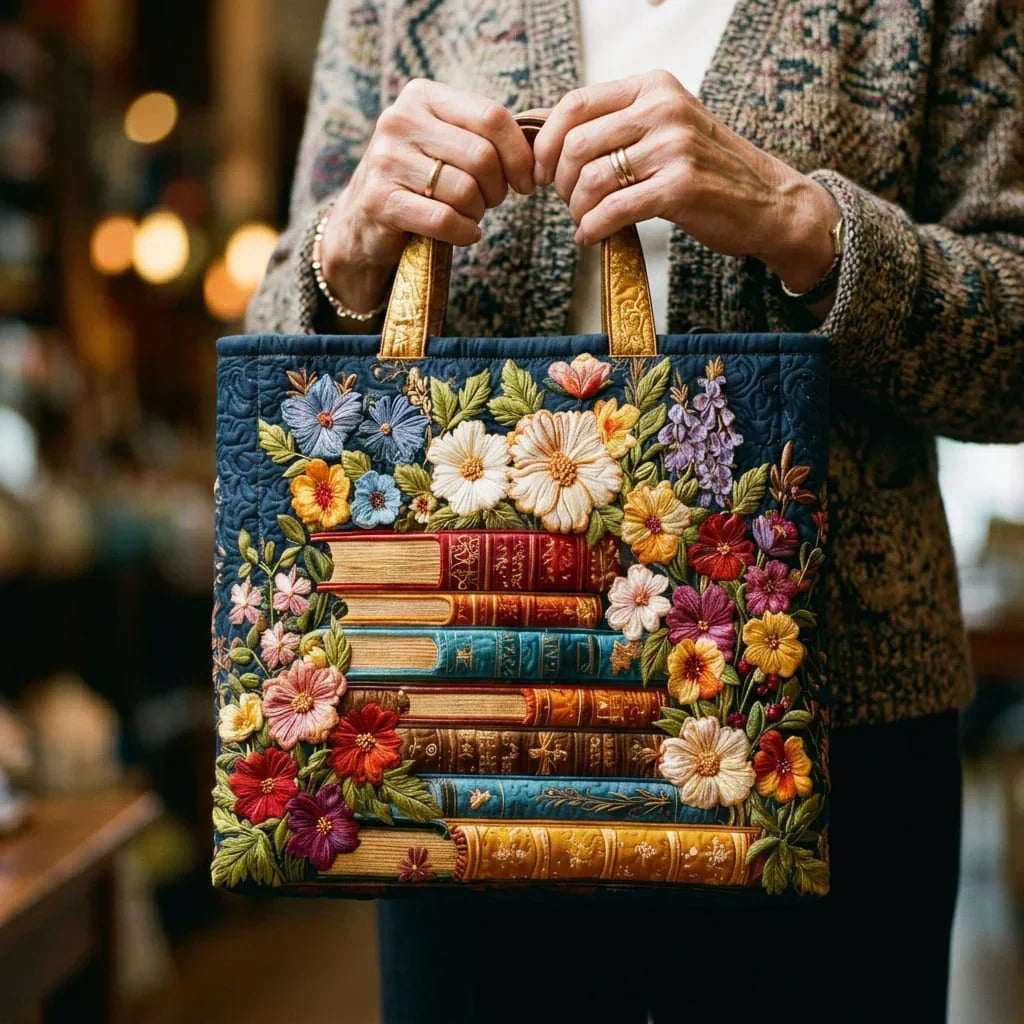 Celeste - Bolso artesanal con motivo floral y libros