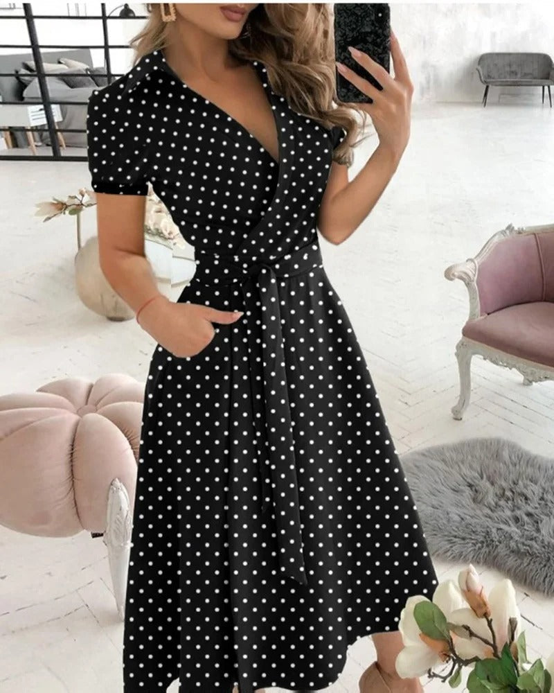 Lina - Vestido midi geométrico con escote de pico