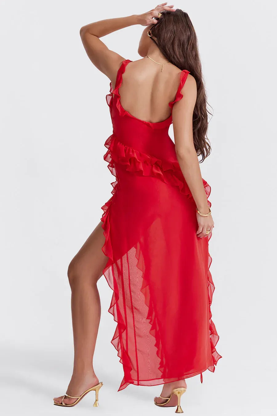 Marina - Vestido largo con detalle de volantes y Abertura