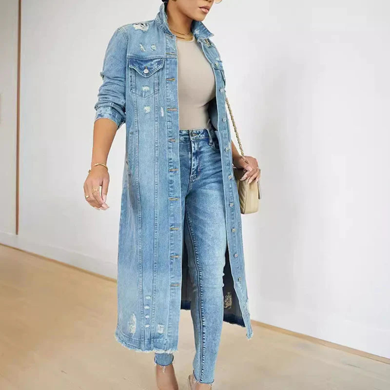 Olivia - Chaqueta denim larga con roturas