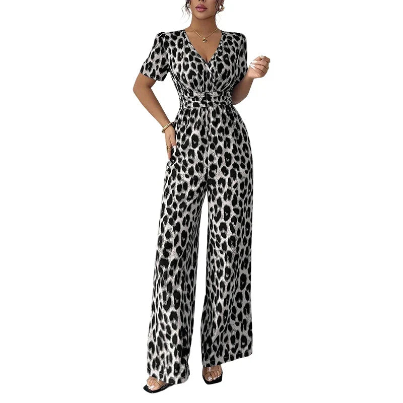 Teresa - Mono de leopardo con escote de pico y pernera amplia