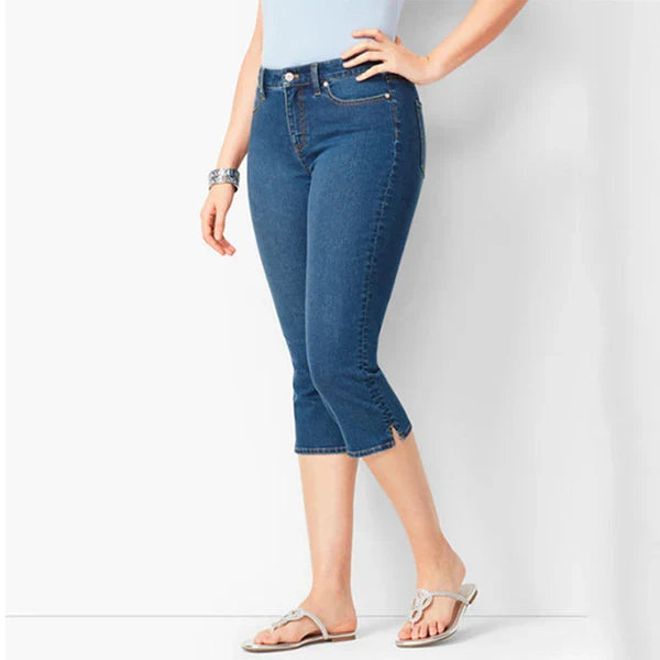 Celira - Pantalón capri denim elástico con abertura lateral