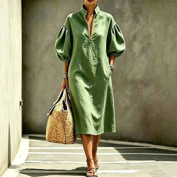 Zafira - Vestido midi con media cremallera y mangas abullonadas