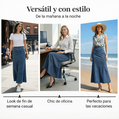 Liliana - Falda denim midi en línea A de tiro alto