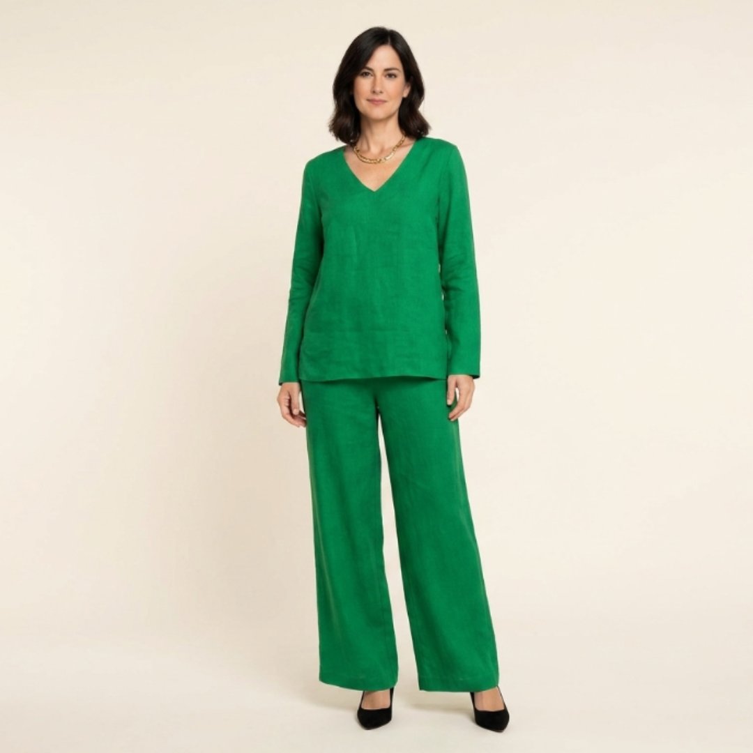 Amalia - Conjunto cómodo con cuello en V y pantalones de pernera amplia