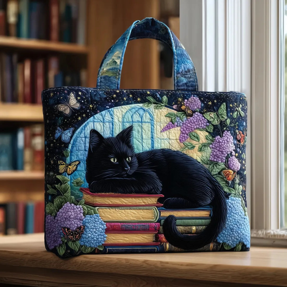 Claudia - Bolso artesanal con gato negro sobre libros