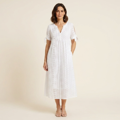 Bianca - Vestido midi calado con escote de pico