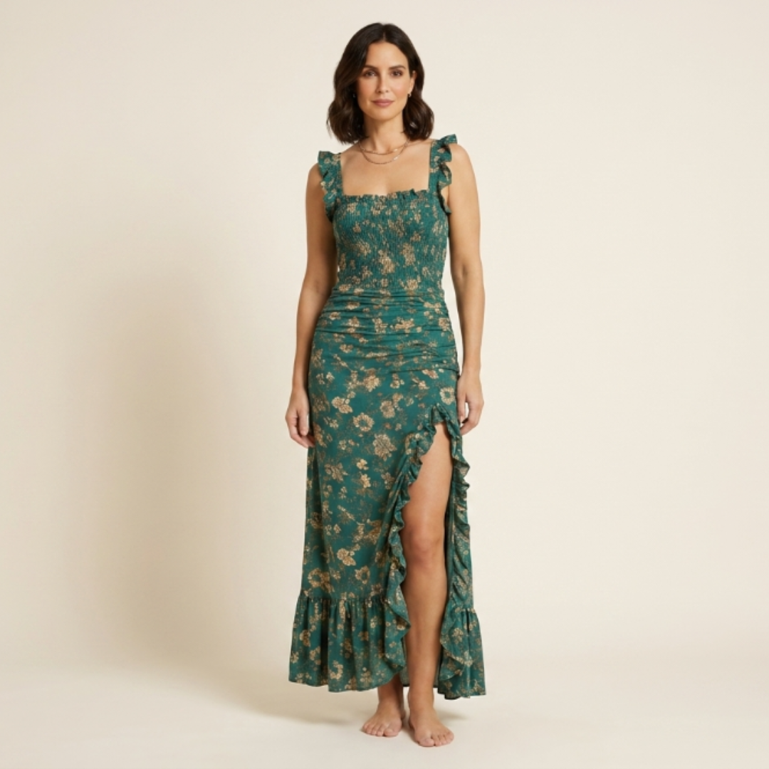 Novara - Vestido boho de inspiración vintage con detalle de volantes y abertura