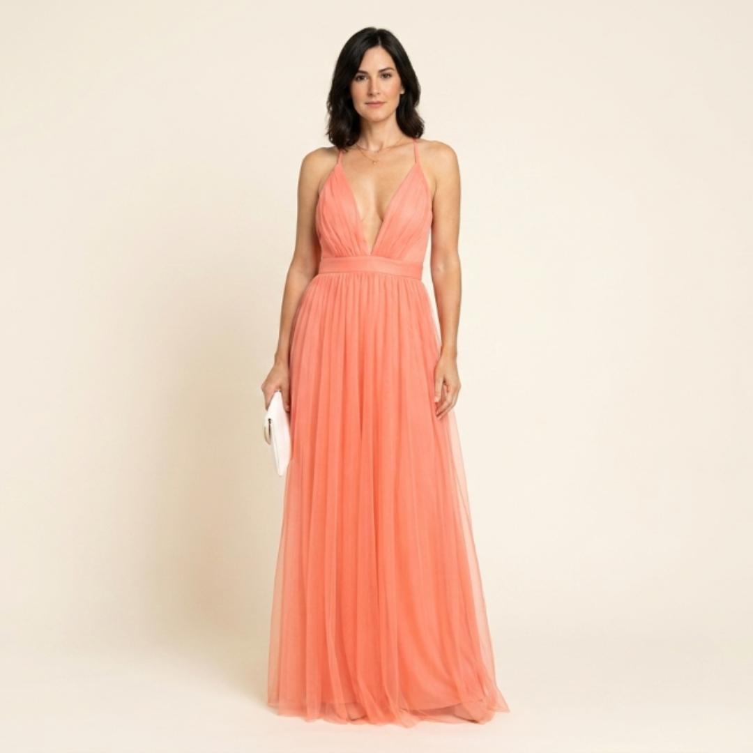 Paula - Vestido largo coral de escote profundo