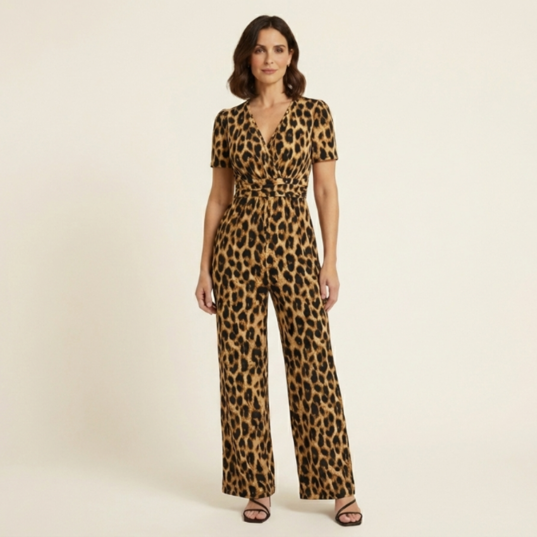 Teresa - Mono de leopardo con escote de pico y pernera amplia