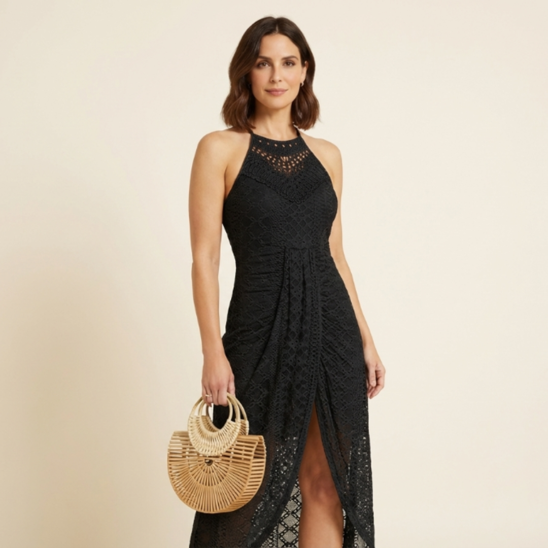 Isadora - Vestido midi halter con encaje y abertura frontal