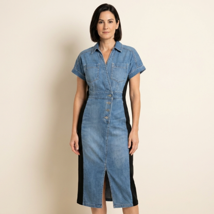 Naira - El vestido efecto estilizador: patchwork denim con paneles laterales