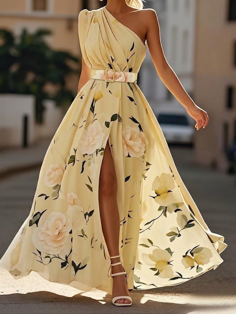 Abril - Vestido largo floral de un solo hombro
