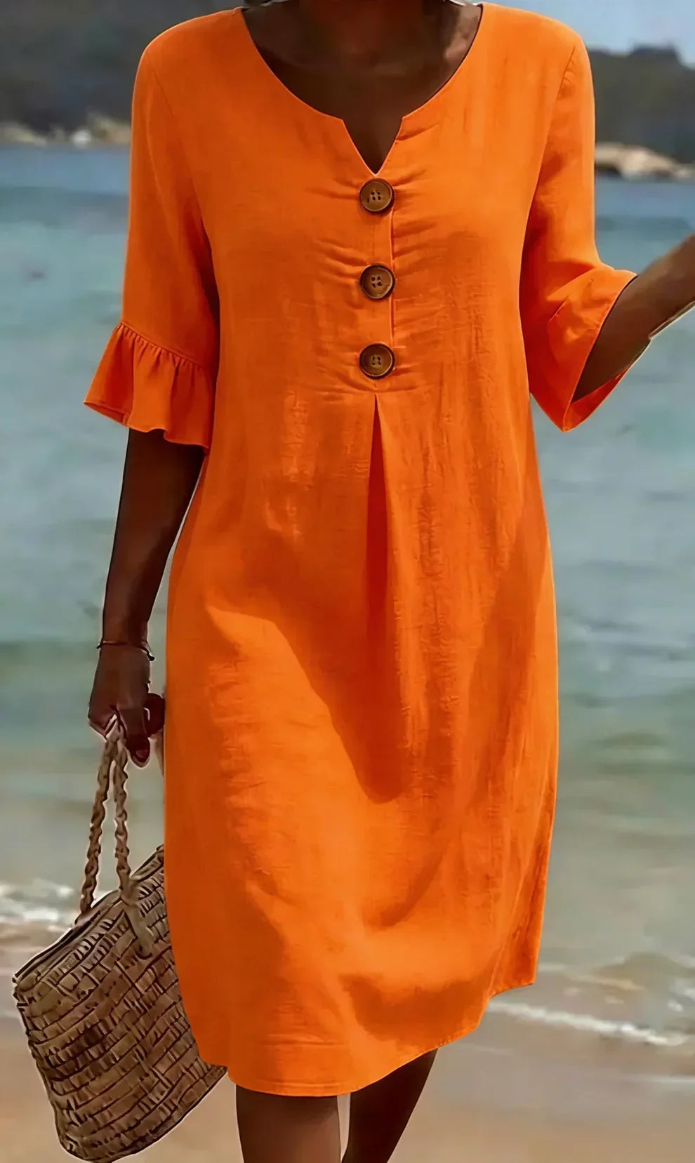LUNA - Vestido Texturizado con Mangas Abullonadas y Botones