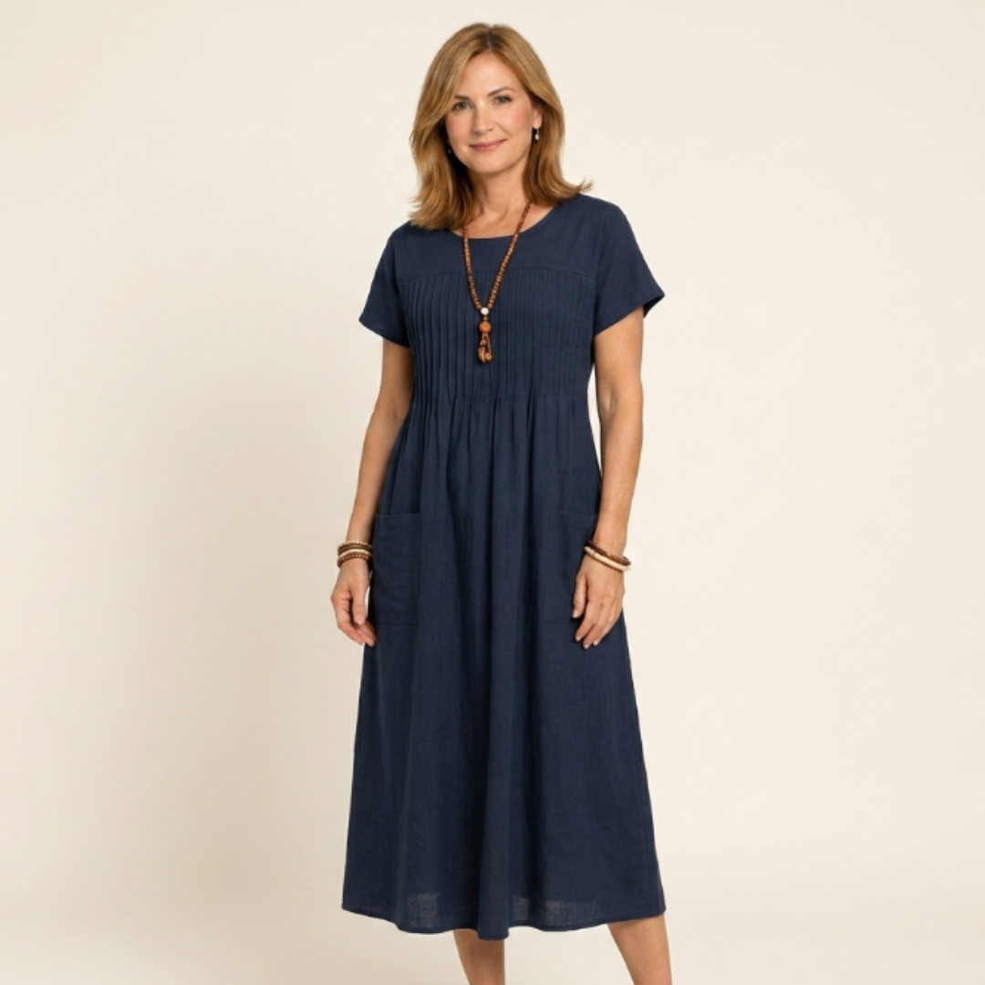 Emma - Vestido de textura plisada con mangas cortas y bolsillos