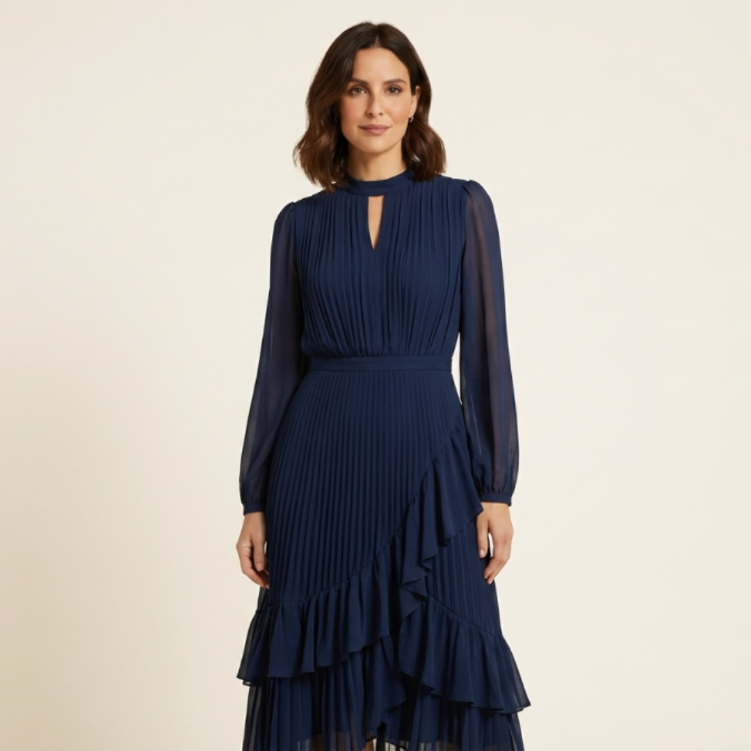 Elena - Vestido elegante con escote ojo de cerradura y volantes