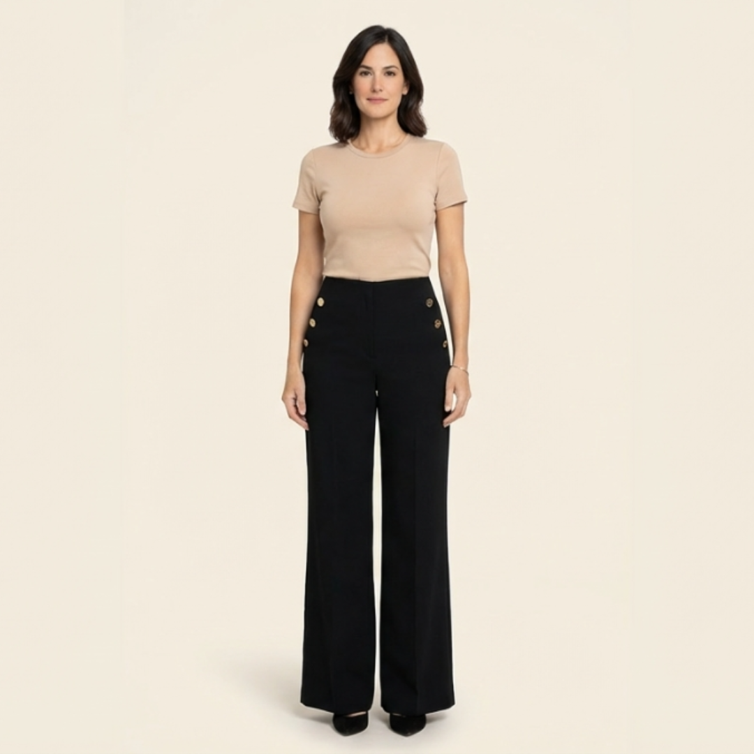 Amaia - Pantalón elástico de tiro alto y botones dorados