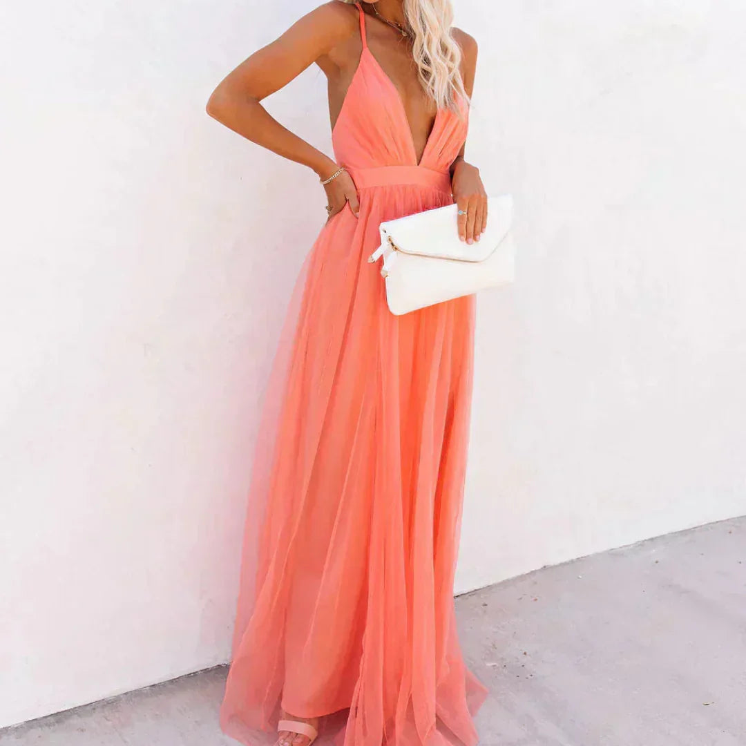 Paula - Vestido largo coral de escote profundo
