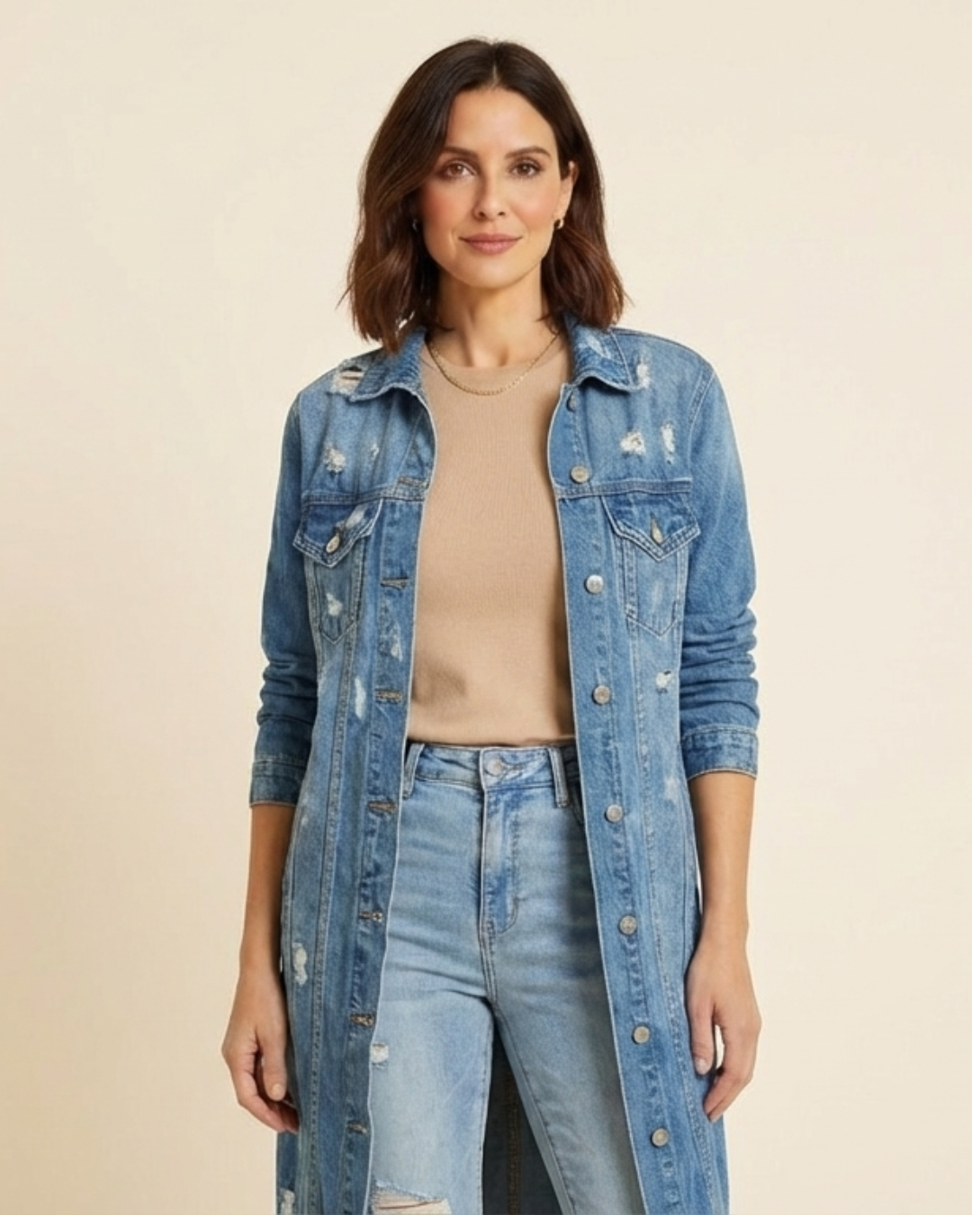 Valeria - Chaqueta denim larga con roturas