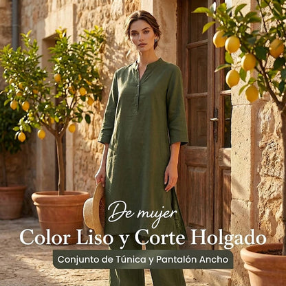 Alina - Conjunto de caída ligera de túnica larga y pantalón ancho