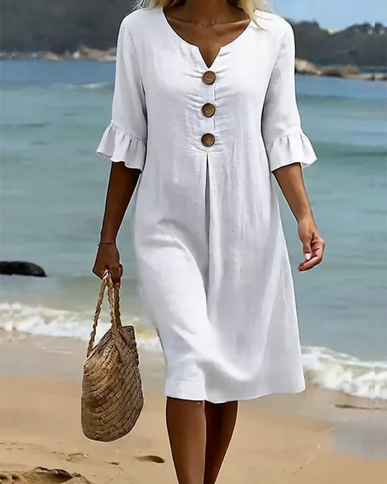 LUNA - Vestido Texturizado con Mangas Abullonadas y Botones