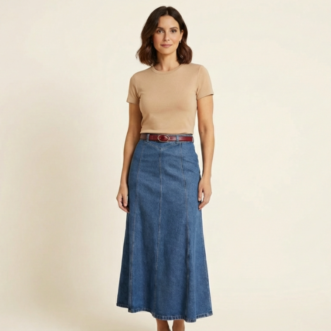 Liliana - Falda denim midi en línea A de tiro alto