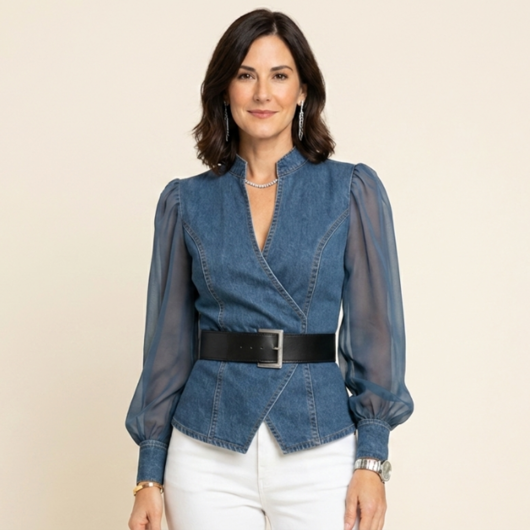 Lía - Top denim con mangas ligeras de chiffon