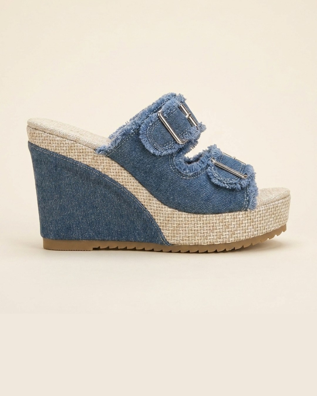 Lorena - Sandalias de cuña con hebillas y diseño denim