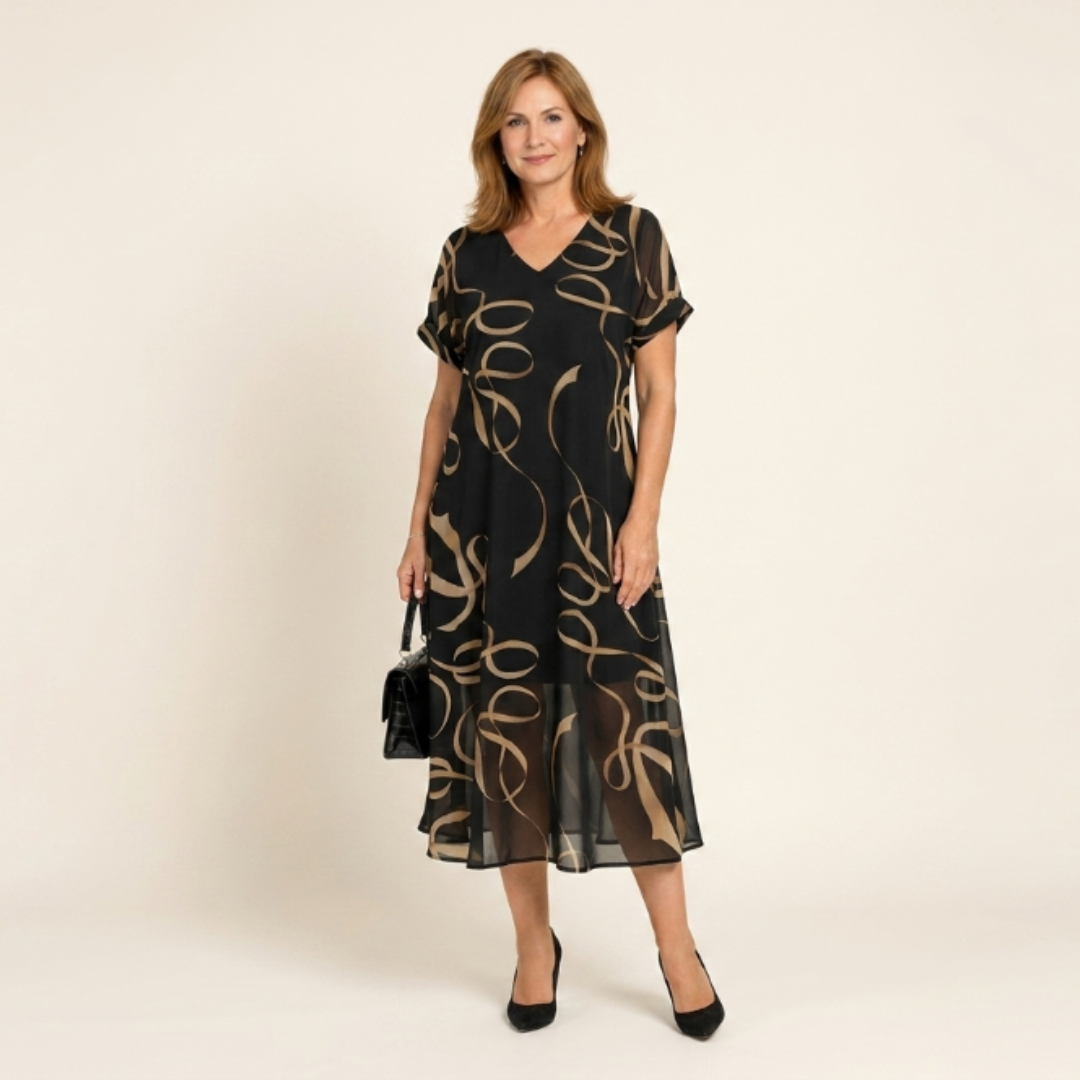 Elea - Vestido con volante y motivo dorado