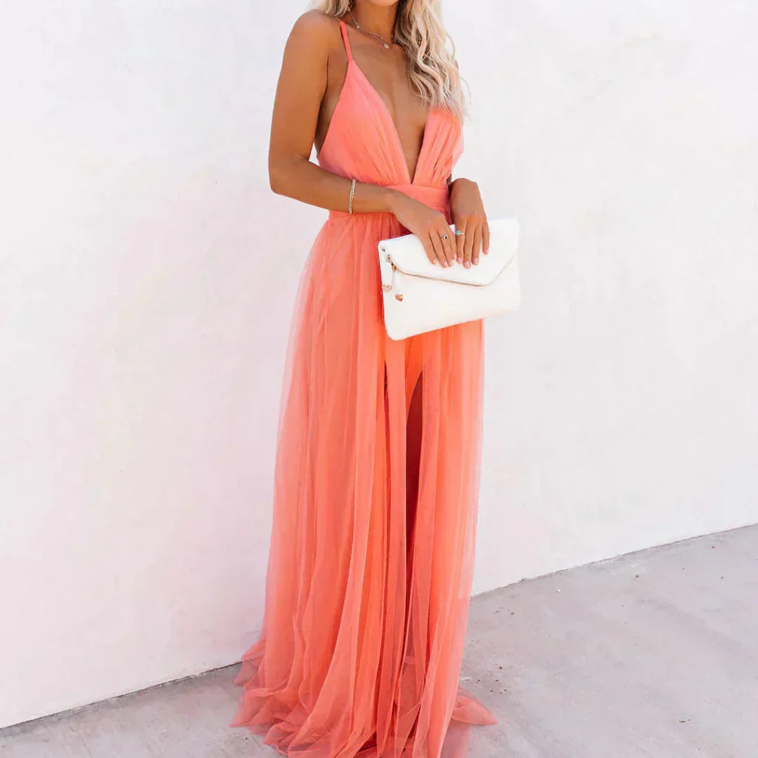 Paula - Vestido largo coral de escote profundo