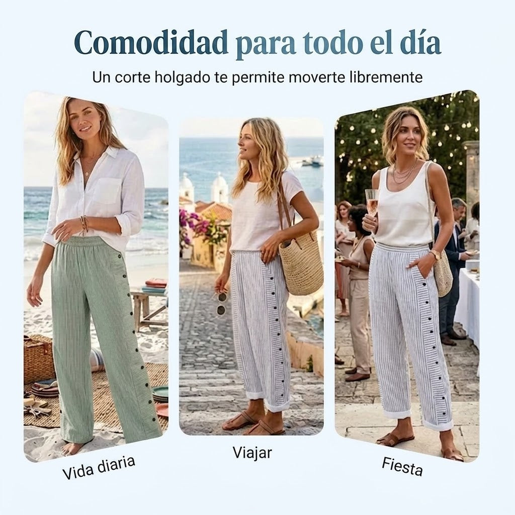 Sofía - Pantalón recto con motivo de rayas con botones laterales