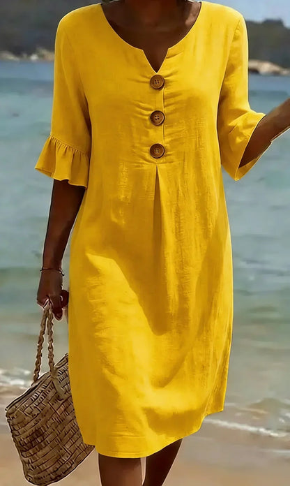 LUNA - Vestido Texturizado con Mangas Abullonadas y Botones