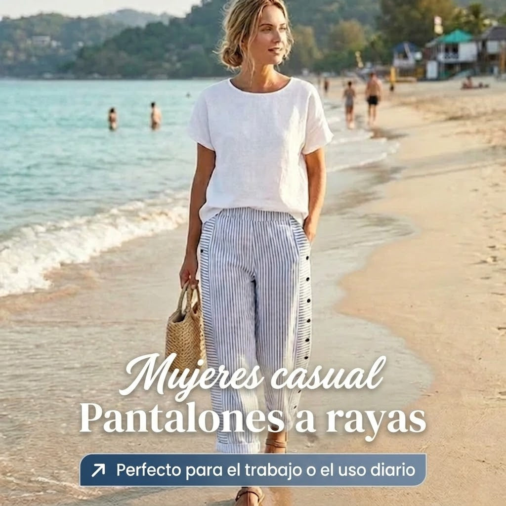 Sofía - Pantalón recto con motivo de rayas con botones laterales