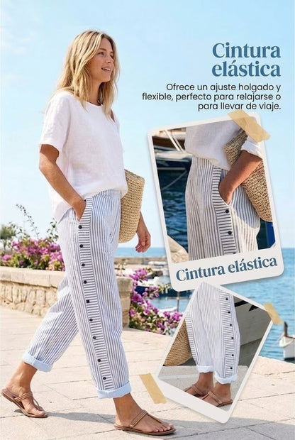 Sofía - Pantalón recto con motivo de rayas con botones laterales