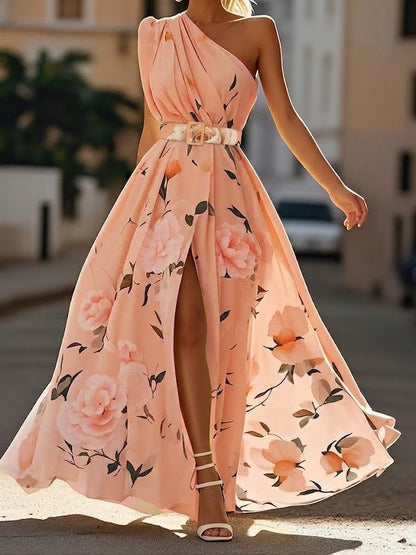 Abril - Vestido largo floral de un solo hombro