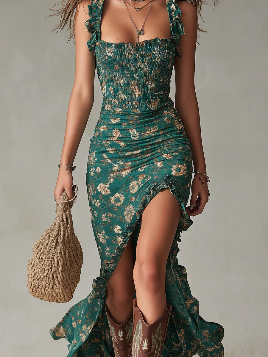 Novara - Vestido boho de inspiración vintage con detalle de volantes y abertura
