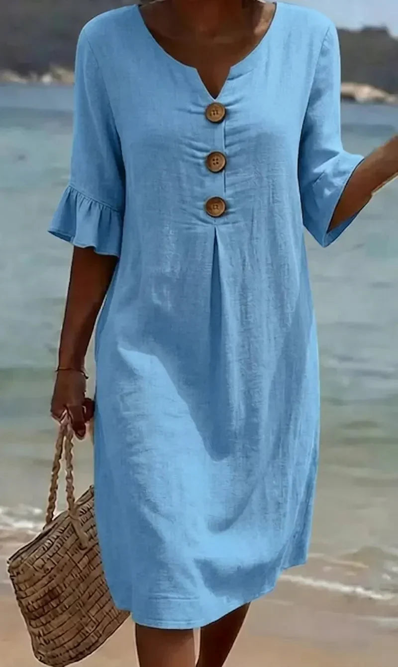 LUNA - Vestido Texturizado con Mangas Abullonadas y Botones