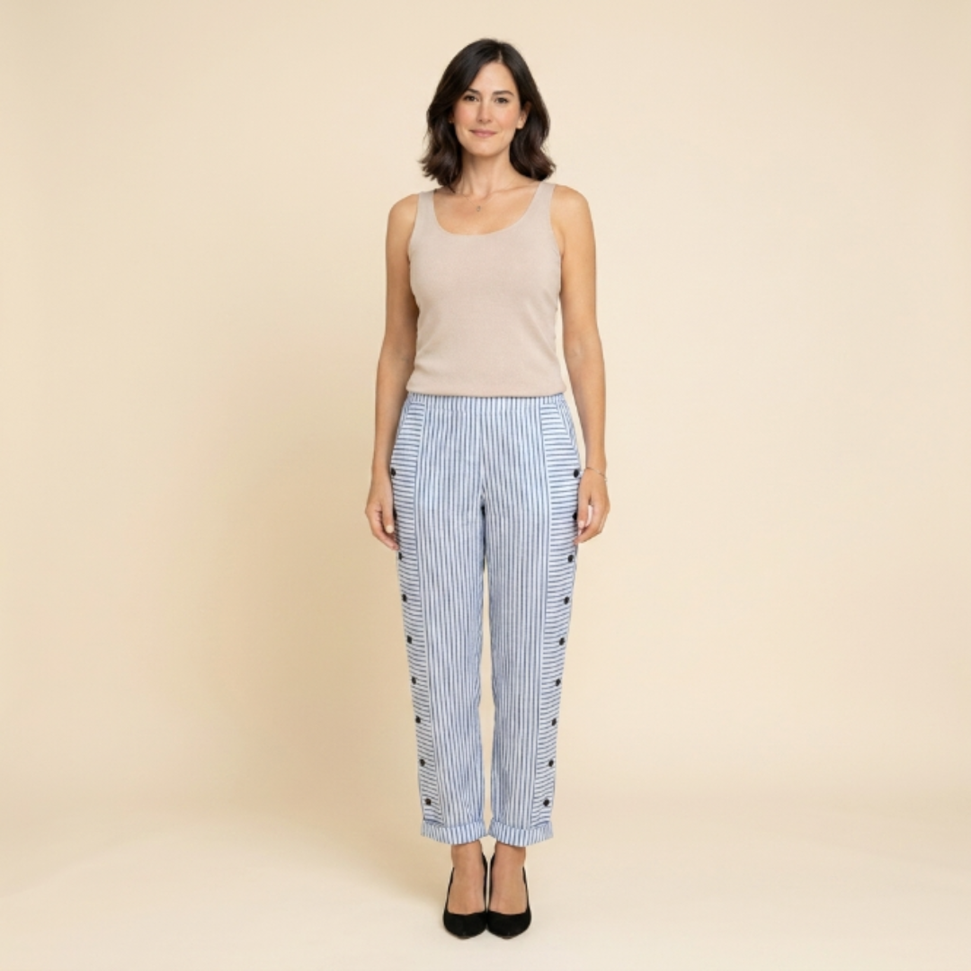 Sofía - Pantalón recto con motivo de rayas con botones laterales