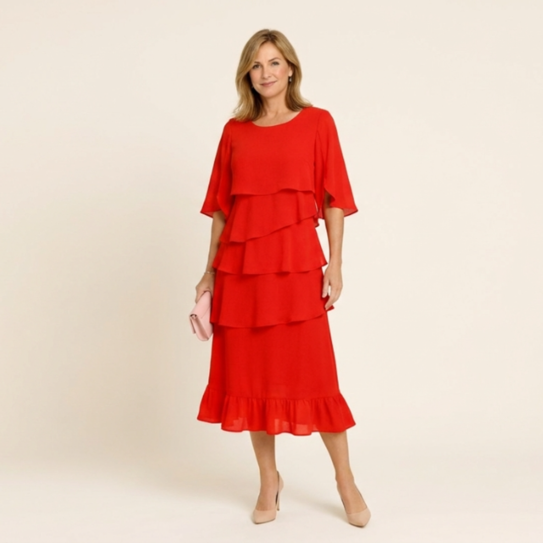 Amelia - Elegante vestido con mangas con detalle de volantes en capas