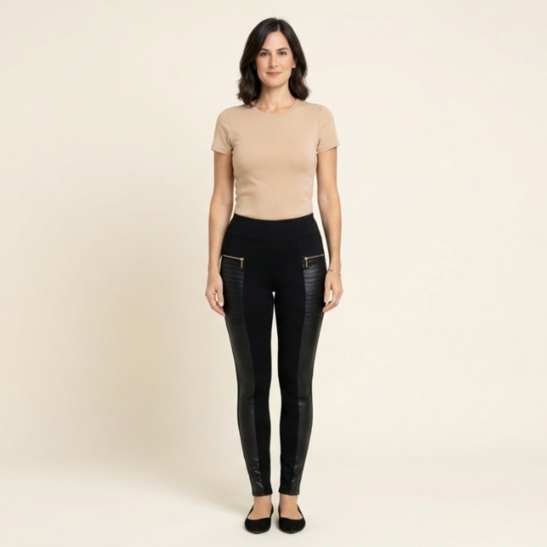 Alma - Pantalón de cuero sintético con acabados a contraste y cremallera
