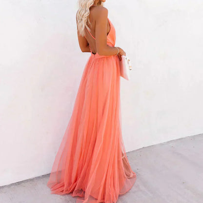 Paula - Vestido largo coral de escote profundo