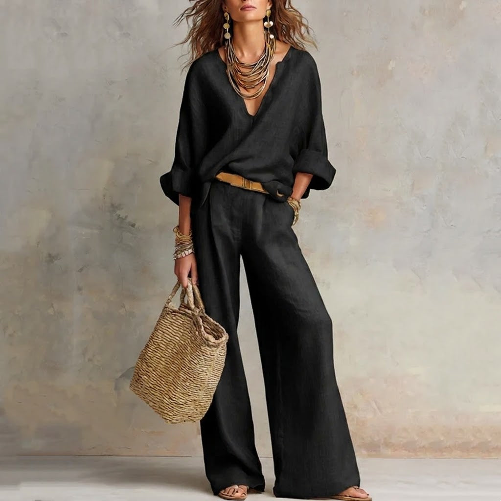 Alicia - Conjunto con top de escote de pico y pantalón amplio