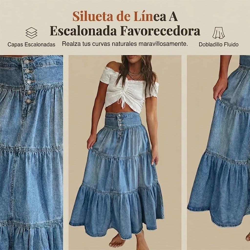 Lara - Falda denim con botones y estilo vintage