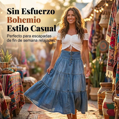 Lara - Falda denim con botones y estilo vintage