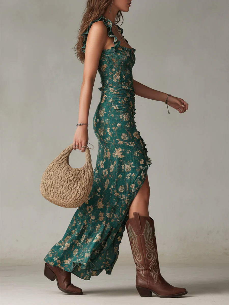 Novara - Vestido boho de inspiración vintage con detalle de volantes y abertura
