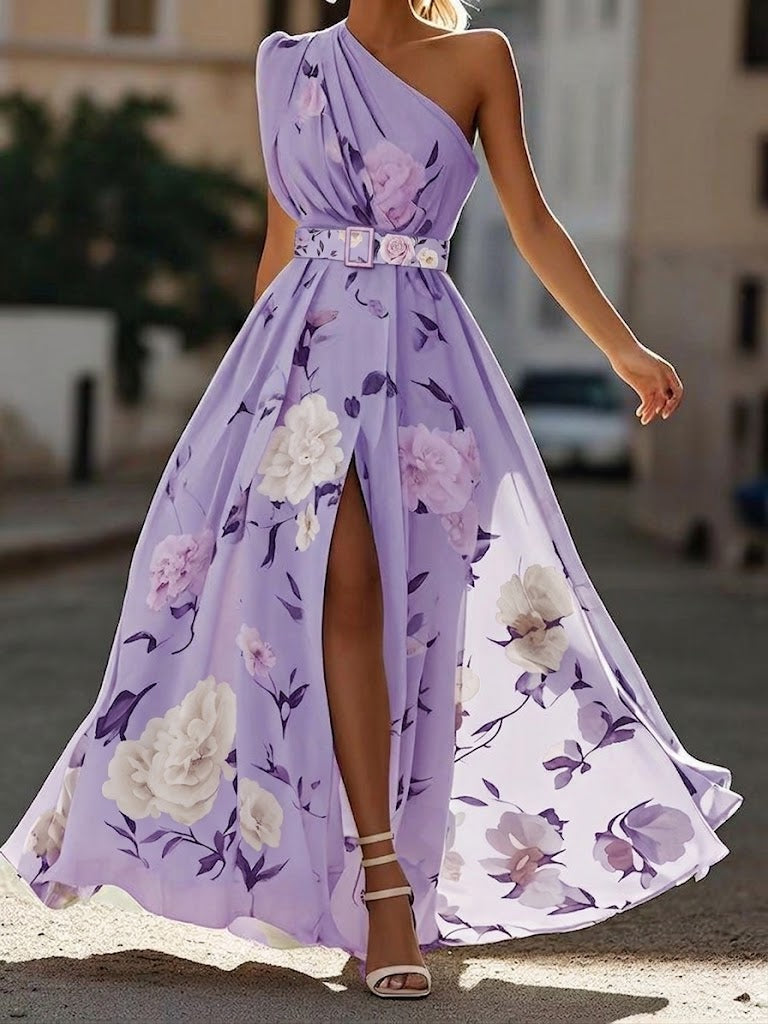 Abril - Vestido largo floral de un solo hombro